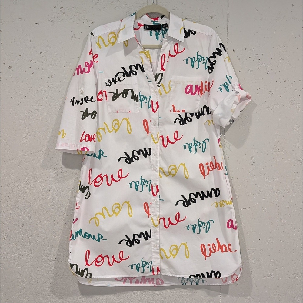 NY & Co Love Print Cotton Shirt Dress A-line Roll-Tab Sleeve White Breathable L